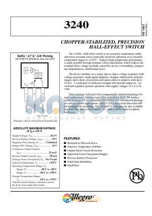 A3240LUA-T datasheet - CHOPPER-STABILIZED, PRECISION HALL-EF FECT SWITCH