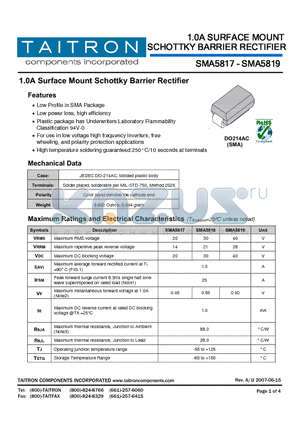 SMA5818 datasheet - 1.0A Surface Mount Schottky Barrier Rectifier