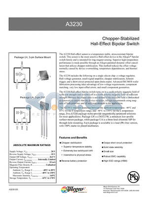A3230ELHLT-T datasheet - Chopper-Stabilized Hall-Effect Bipolar Switch