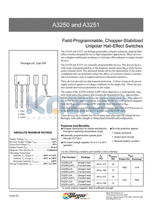 A3251JUATL datasheet - Field-Programmable, Chopper-Stabilized Unipolar Hall-Effect Switches