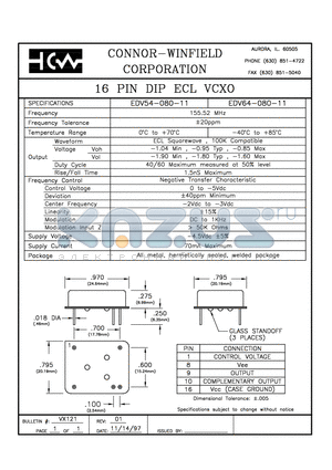 EDV64-080-11 datasheet - 16 PIN DIP ECL VCXO