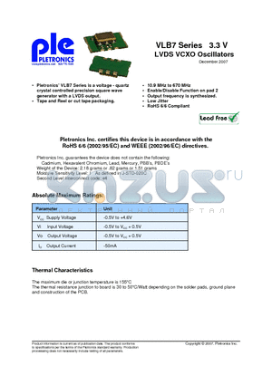 VLB7029036EG000050 datasheet - 3.3 V LVDS VCXO Oscillators