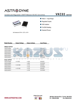 VKC03-24S12 datasheet - Isolated and Regulated 3 WATT Modular DC/DC Converters