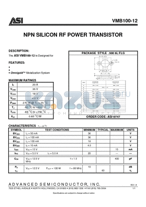 VMB100-12 datasheet - NPN SILICON RF POWER TRANSISTOR