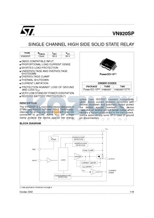 VN920SP13TR datasheet - SINGLE CHANNEL HIGH SIDE SOLID STATE RELAY