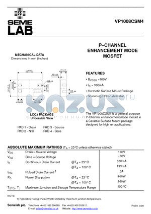 VP1008CSM4 datasheet - P-CHANNEL ENHANCEMENT MODE MOSFET