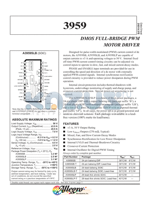 A3959 datasheet - DMOS FULL-BRIDGE PWM MOTOR DRIVER