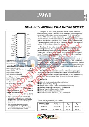 A3961SB datasheet - DUAL FULL-BRIDGE PWM MOTOR DRIVER