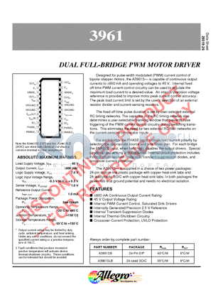 A3961SLB datasheet - DUAL FULL-BRIDGE PWM MOTOR DRIVER