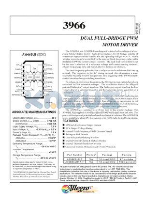 A3966SLBTR-T datasheet - DUAL FULL-BRIDGE PWM MOTOR DRIVER