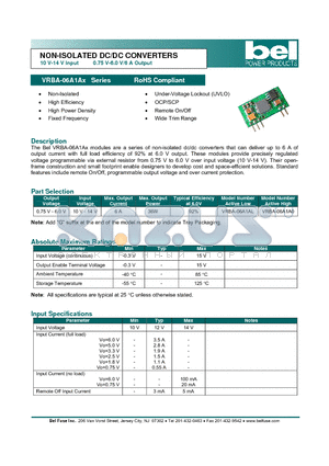 VRBA-06A1AL datasheet - NON-ISOLATED DC/DC CONVERTERS 10 V-14 V Input 0.75 V-6.0 V/6 A Output