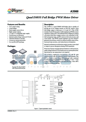 A3988_11 datasheet - The A3988 is a quad DMOS full-bridge driver capable of driving up to two stepper motors or four DC motors.