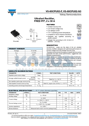 VS-60CPU02-F datasheet - Ultrafast Rectifier, FRED Pt^, 2 x 30 A