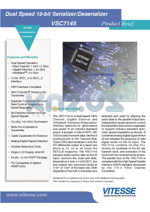 VSC7145 datasheet - Dual Speed 10-bit Serializer/Deserializer