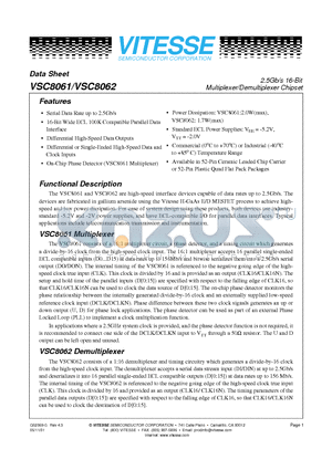 VSC8061FC datasheet - 2.5Gb/s 16-Bit Multiplexer/Demultiplexer Chipset