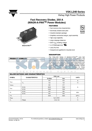 VSKDL240-06S20 datasheet - Fast Recovery Diodes, 250 A (MAGN-A-PAKTM Power Modules)