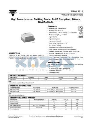 VSML3710-GS18 datasheet - High Power Infrared Emitting Diode, RoHS Compliant, 940 nm, GaAlAs/GaAs