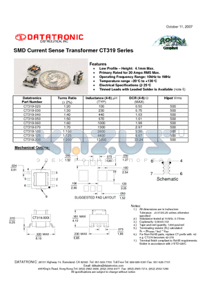 CT319-020 datasheet - SMD Current Sense Transformer