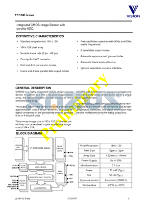VV5300 datasheet - Integrated CMOS Image Sensor with on-chip ADC