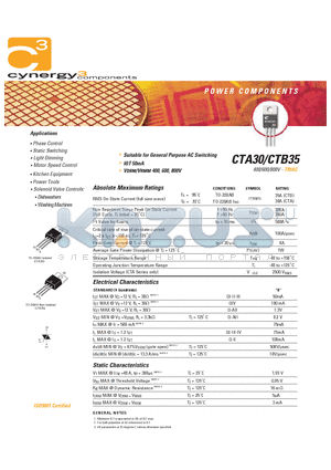 CTA30-400B datasheet - 400/600/800V - TRIAC