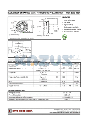 ODA-5WB-100K datasheet - BLUE/GREEN ENHANCED 5 mm2 PHOTODIODE-PREAMPLIFIER