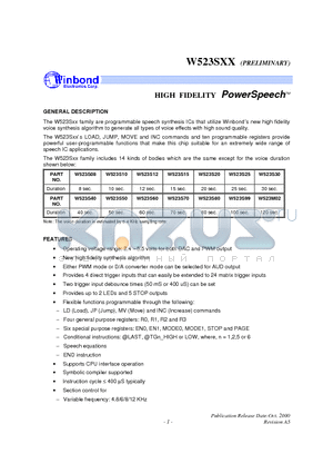 W523M02 datasheet - HIGH FIDELITY PowerSpeech-TM