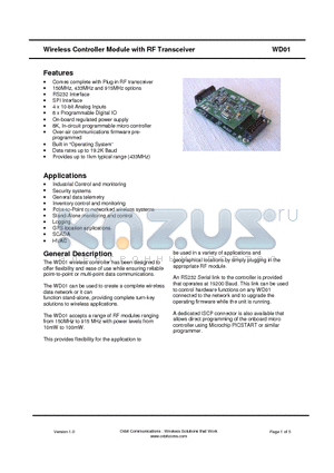 WD01-150 datasheet - Wireless Controller Module with RF Transceiver