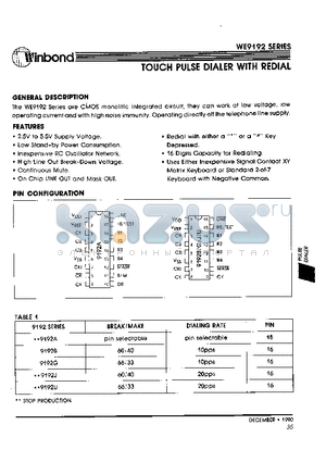 WE9192J datasheet - TOUCH PULSE DIALER WITH REDIAL