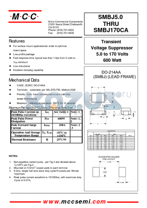 SMBJ70C datasheet - Transient Voltage Suppressor 5.0 to 170 Volts 600 Watt