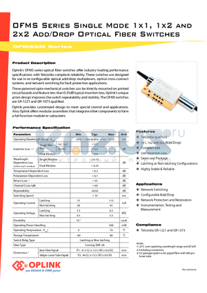 OFMS22AD31022H datasheet - Single Mode 1x1, 1x2 and 2x2 Add/Drop Optical Fiber Switches