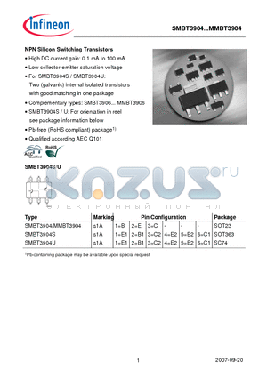 SMBT3904U datasheet - NPN Silicon Switching Transistors