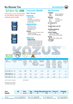 A400S000900100 datasheet - GAS DISCHARGE TUBE - 5x7.6mm