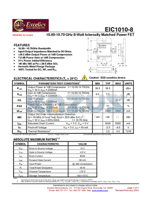 EIC1010-8 datasheet - 10.00-10.70 GHz 8-Watt Internally Matched Power FET