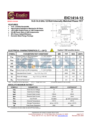 EIC1414-12 datasheet - 14.0-14.5 GHz 12-Watt Internally Matched Power FET