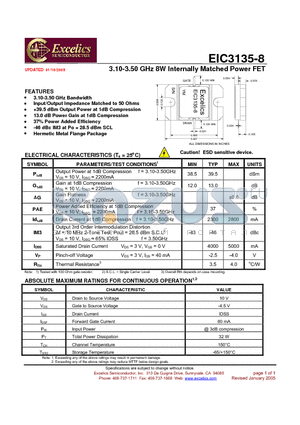 EIC3135-8 datasheet - 3.10-3.50 GHz 8W Internally Matched Power FET