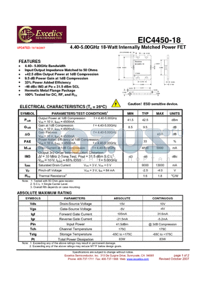 EIC4450-18 datasheet - 4.40-5.00GHz 18-Watt Internally Matched Power FET