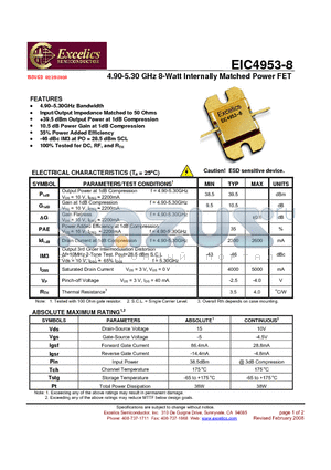 EIC4953-8 datasheet - 4.90-5.30 GHz 8-Watt Internally Matched Power FET