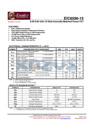 EIC8596-15 datasheet - 8.50-9.60 GHz 15-Watt Internally Matched Power FET