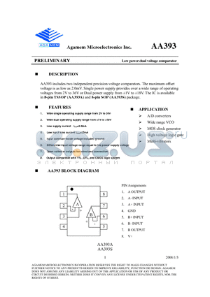 AA393 datasheet - Low power dual voltage comparator