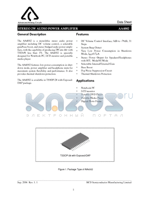 AA4002 datasheet - STEREO 2W AUDIO POWER AMPLIFIER