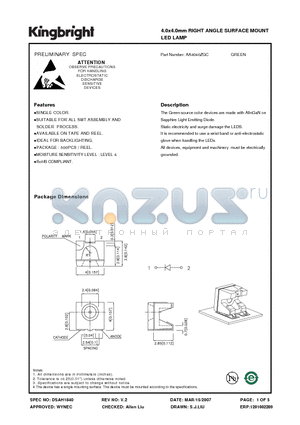AA4040ZGC datasheet - 4.0x4.0mm RIGHT ANGLE SURFACE MOUNT LED LAMP