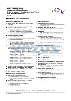 WS064J0PBFW00 datasheet - 128/64 Megabit (8/4 M x 16-Bit) CMOS 1.8 Volt-only Simultaneous Read/Write, Burst Mode Flash Memory