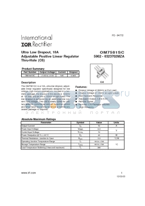 OM7581SC datasheet - Ultra Low Dropout, 10A Adjustable Positive Linear Regulator Thru-Hole (C6)