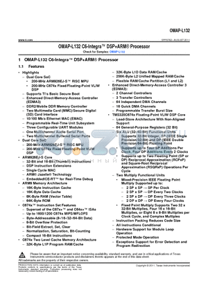 OMAPL132BZWT2 datasheet - OMAP-L132 C6-Integra DSPARM Processor