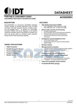 ACS522D01 datasheet - PORTABLE CONSUMER CODEC