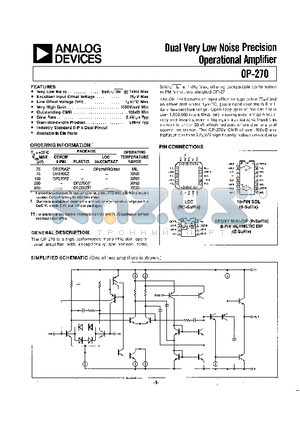 OP-270 datasheet - DUAL VERY LOW NOISE PRECISION OPERATIONAL AMPLIFIER