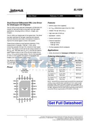 EL1529ILZ-T13 datasheet - Dual Channel Differential DSL Line Driver for Globespan CO Chipsets