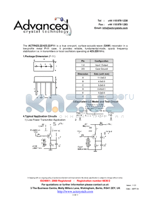 ACTR423.22 datasheet - true one-port, surface-acoustic-wave (SAW) resonator