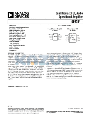 OP275GP datasheet - Dual Bipolar/JFET, Audio Operational Amplifier