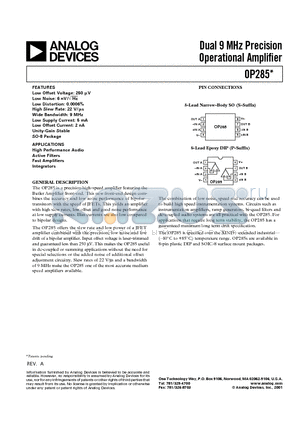 OP285GSR datasheet - Dual 9 MHz Precision Operational Amplifier